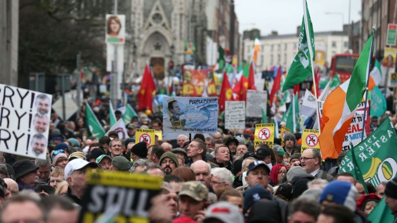Protesters from across Ireland braved poor weather conditions to take part in the campaign's last major rally before Friday's election