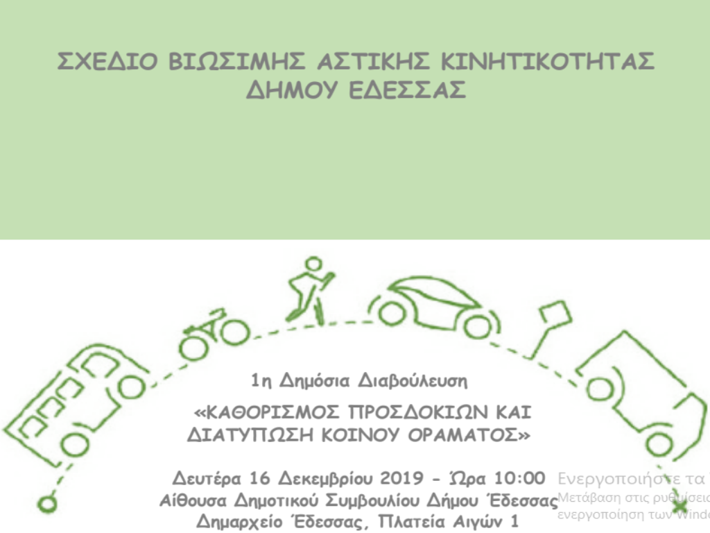 1η Δημόσια Διαβούλευση του Σχεδίου Βιώσιμης Αστικής Κινητικότητας (ΣΒΑΚ) του Δήμου Έδεσσας με θέμα ΚΑΘΟΡΙΣΜΟΣ ΠΡΟΣΔΟΚΙΩΝ ΚΑΙ ΔΙΑΤΥΠΩΣΗ ΚΟΙΝΟΥ ΟΡΑΜΑΤΟΣ