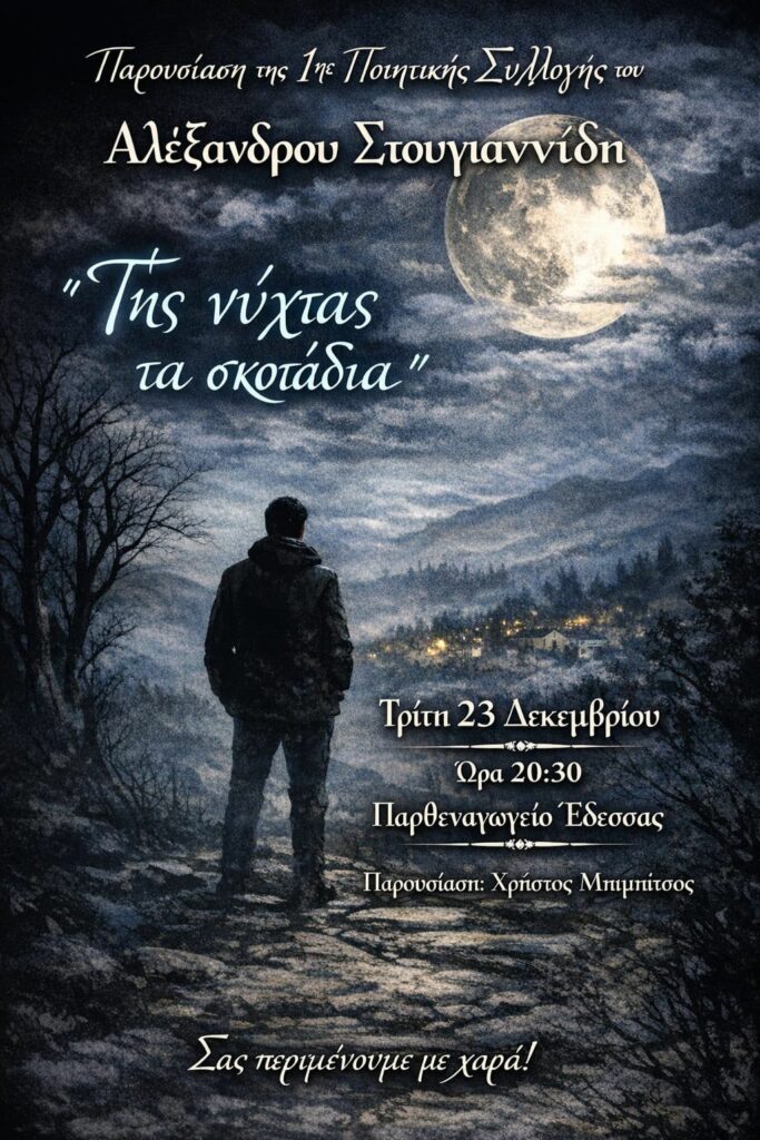 Παρουσίαση της 1ης ποιητικής συλλογής του Αλέξανδρου Στουγιαννίδη «Της νύχτας τα σκοτάδια»