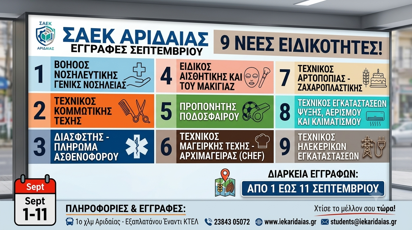 Ξεκινούν οι εγγραφές στη ΣΑΕΚ Αριδαίας